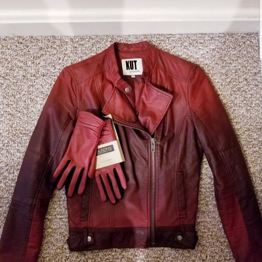 Red Ombre Faux Leather Jacket w/ Leather Gloves